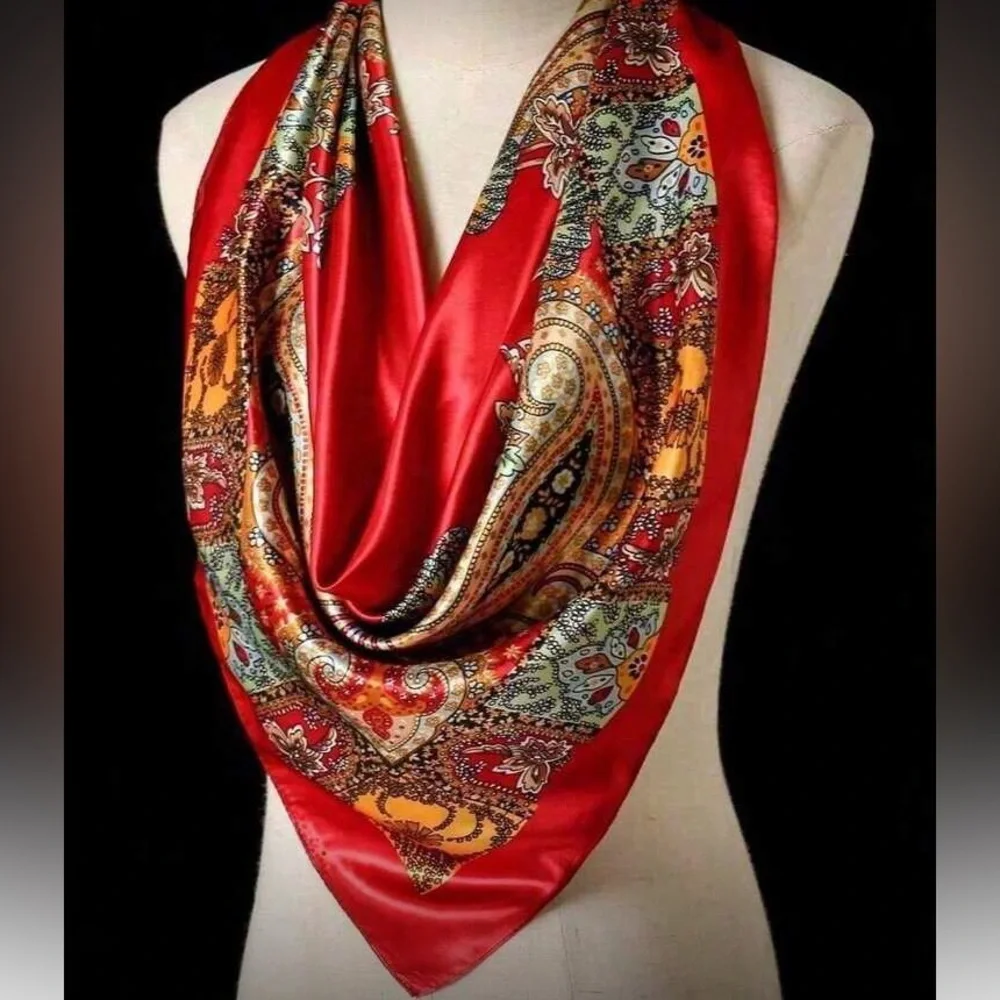 Boho Red Floral Paisley Silk Headscarf